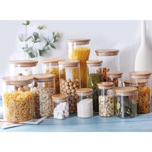 Kitchen food container bamboo lid sealed cans food tea cans transparent storage jars kitchen whole grains beans storage bottles