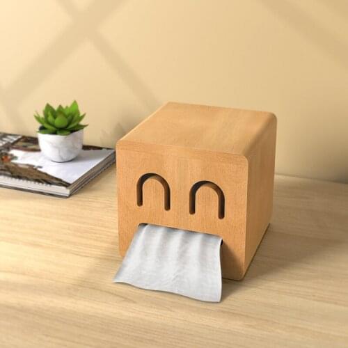 Cute smiley facial expression wooden tissue box Cartoon stylish beech wood roll paper box home decoration