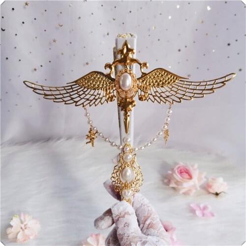 Fashion Vintage Folding Fan Handmade Lolita Angel Wings Pearl Bead Chain Gold Harajuku Model Show Photo Shoot Handheld Prop