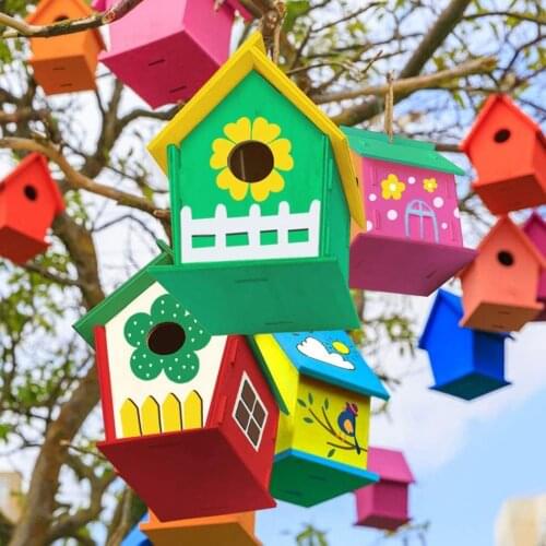 Multicolor Wooden Bird House Kit Painting Handmade Paint Bird House Wooden Birdhouse For Kids Premium Boxwood Decoration