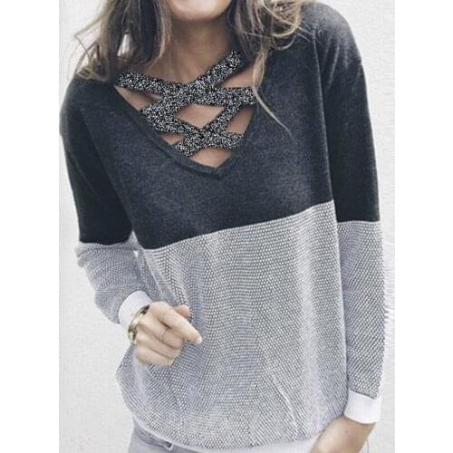 Autumn Winter Sweaters Women Fashion Casual Loose Jumpers Pullovers Knitting Pullovers Patchwork V Neck Hollow Out Sweater