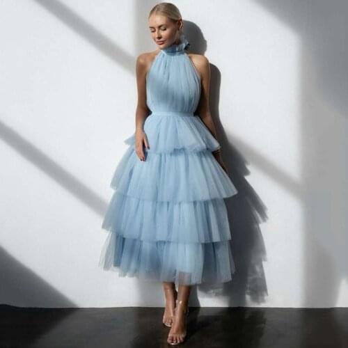 Pink Blue Prom Dresses Short Cake Tiered Tulle Tea Length Evening Party Gowns 2021 Homecoming Graduation Girls Dress