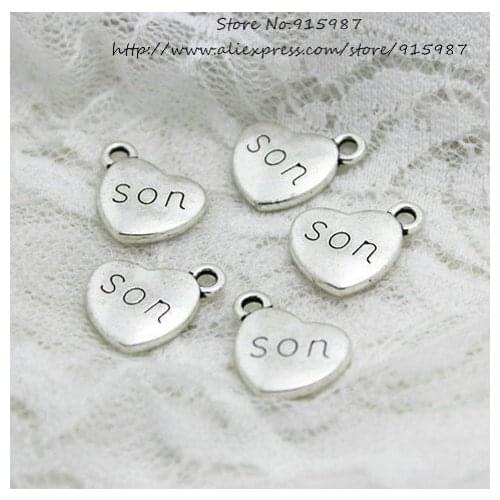 Sweet Bell Free shipping (30 pieces/lot) 14*18mm Antique Alloy Heart Engraving letters "Son" Charm Jewelry Findings 2C213