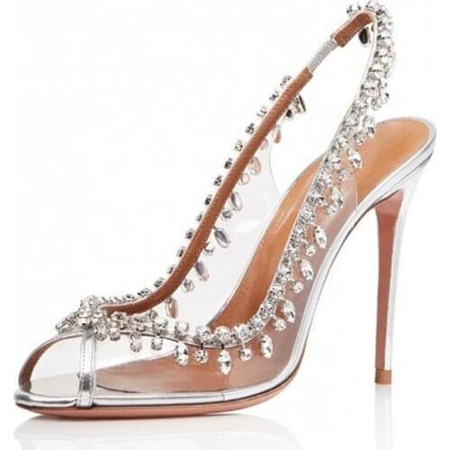 Crystal Wedding Pumps Woman High Heels Summer Sexy Peep Toe Female Sandals Slip On Transparent Patchwork Woman Party Dress Shoes