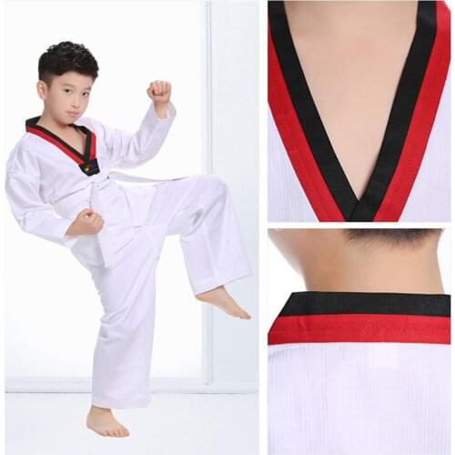 Teakwondo dobok WTF white taekwondo uniform red black collar child kids karate taekwondo TKD adultscloth free shipping