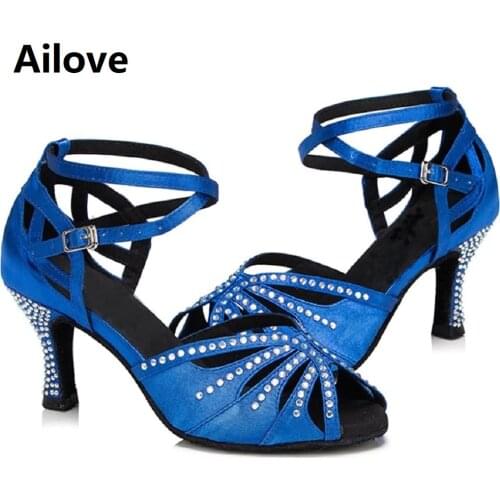 Ballroom Latin Dance Shoes Woman`s Glitter Rhinestone Professional Salsa Sandals Soft Suede Rubber Sole 4/6/7.5 cm Heels ALS012