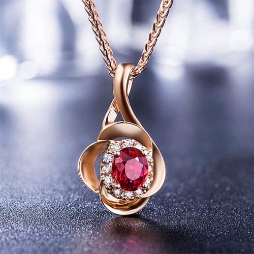 Vintage Female Red Oval Pendant Necklace Classic Rose Gold Color Necklace Luxury Crystal Flower Wedding Necklaces For Women