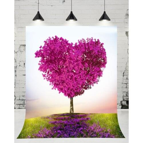 VinylBDS Pink Heart-Shaped Tree Wedding Photography Backdrop Outdoor Natural Scenery Photo Studio Background for Children Props