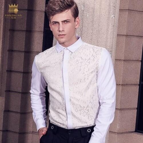 Fanzhuan Free Shipping New 2017 fashion casual male Mens spring lace flowers white shirt Palace design 713206 split shirt