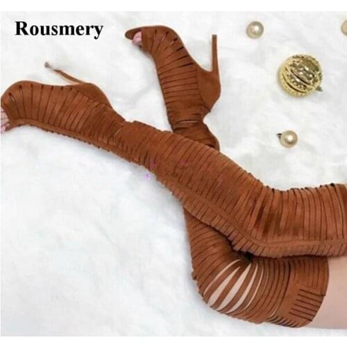 Women Fashion Open Toe Straps Design Over Knee Gladiator Boots Cut-out Suede Leather High Heel Sandal Boots Dress Shoes