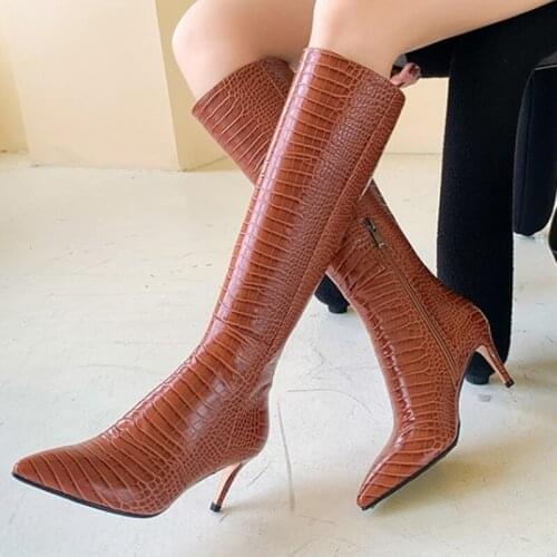 Pointy Toe Crocodile Print Womens Knee High Boots 7cm High Heel Fashion Boots Black Brown Winter Booty