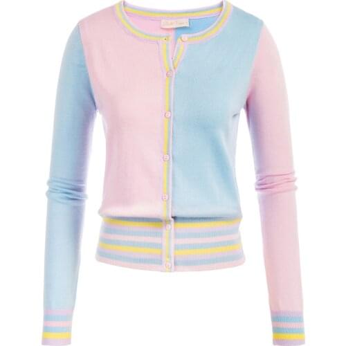 Belle Poque Women Contrast Color Cardigan Sweater Long Sleeve Crew Neck Knitwear Warm Casual Young Ladies Spring Autumn Tops New