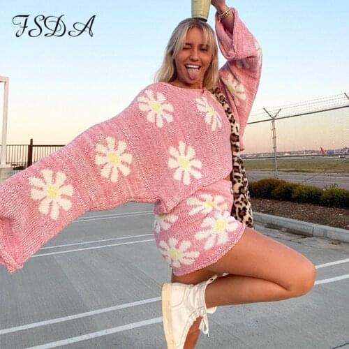 FSDA 2021 Summer Spring Casual Long Sleeve Women Sweater Top Knitted And Biker Shotrs Y2K Two Piece Sets Fashion