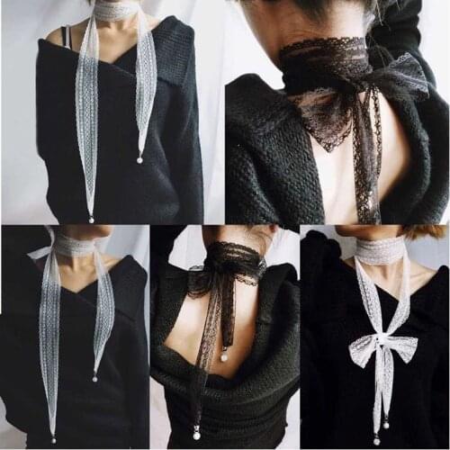 5X180CM HOT Neckerchiefs For Women Solid Lace Tassels Hair Bandage Fashionable Womens Party Scarf Small Long Belt Tie Scarfs