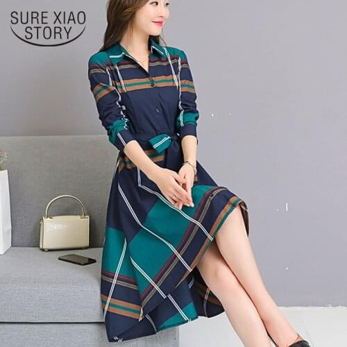 Women dress 2021 plus size elegant dresses casual Plaid A-Line Full office Lady Bow Turn-down Collar ladies dress 3401 50