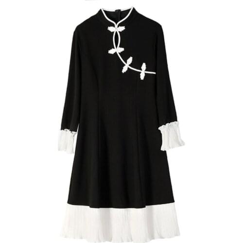 PERHAPS U Women Chinese Style Dress Cheongsam Long Sleeve Mini Dress Black And White Patchwork Flare Sleeve Buckle D1740