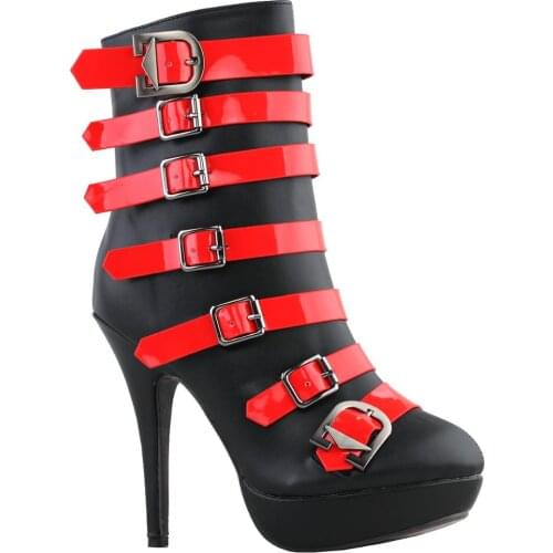 LF30484 SHOW STORY Fashion Black Red Two Tone Strappy Buckle Gladiator Platform Ankle Bootie