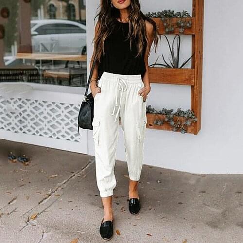 New Women Casual Fashion Trousers Drawstring High Waist Loose Solid Color Elastic Female Pocket Slim Cropped Pants Ladies Summer