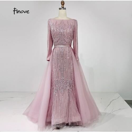 Finove Elegant Mauve Pink Evening Dresses 2021 Long Sleeve O-Neck Mermaid Beading Evening Gowns Formal Dress For Woman Plus Size