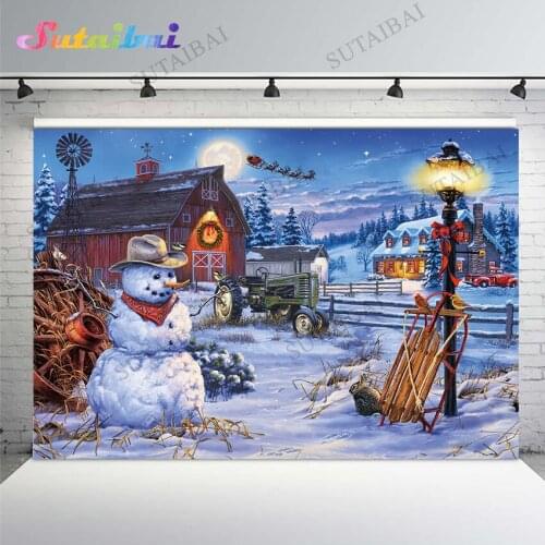 Christmas Moon Backdrop Background Photo Studio Props New Year Village House Snowman Reindeer Santa Wallpaper Family Party Decor
