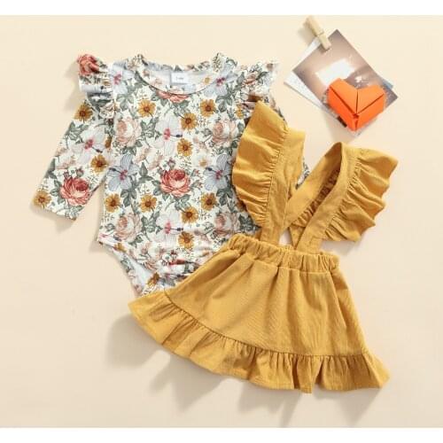 FOCUSNORM 2pcs Lovely Baby Girls Clothes Sets 0-18M Flowers Printed Long Sleeve Romper Ruffles Suspender Dress