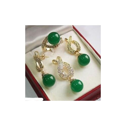 Beautiful Jewelry AAA+ 12mm Green jade Pendant Necklace Earrings Ring set