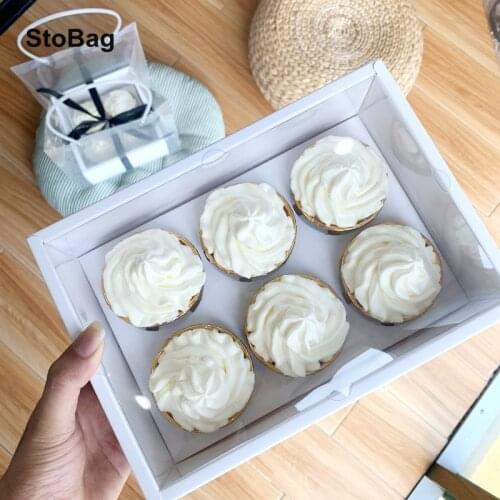 StoBag 5pcs/Lot Cupcake Packaging Box With Window Bakery Containers Hold 4/6 Standard Cupcakes Birthday Party Wedding Favours