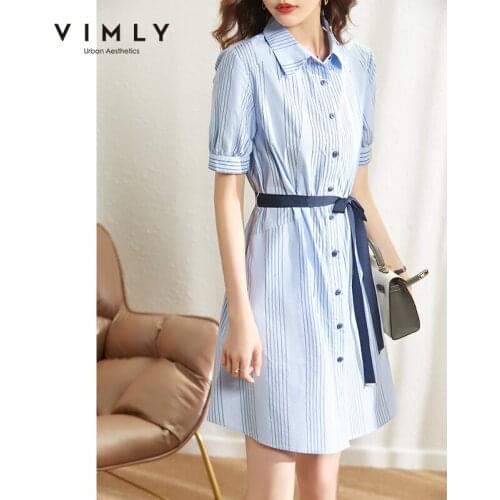 VIMLY Summer Dresses For Women Elegant Striped Shirt Dress Office Lady Button Bandage Mini Dresses A Line Female Vestidos F7850