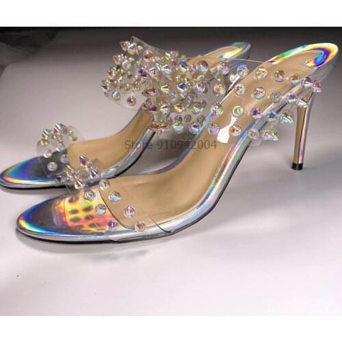 Fashion PVC Transparent Womens Slippers Summer Spike Sandal Sexy High Heels Studded Outdoor Party Women Mules Slide
