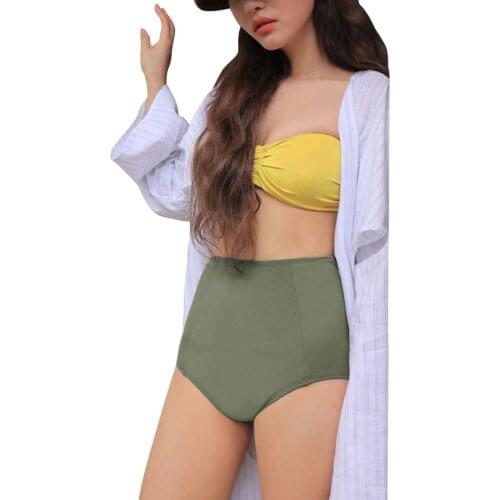 2021 Fashion Womens Solid Color 2Pcs Bikini Suit Strapless Low Neck Bustier Tops High Waist Triangle Bottoms for Beach Swimming