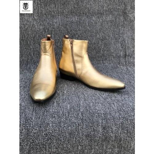 FR.LANCELOT 2020 fashion new pointed toe men real leather boots hot men zip up Chelsea boots gold leather booties
