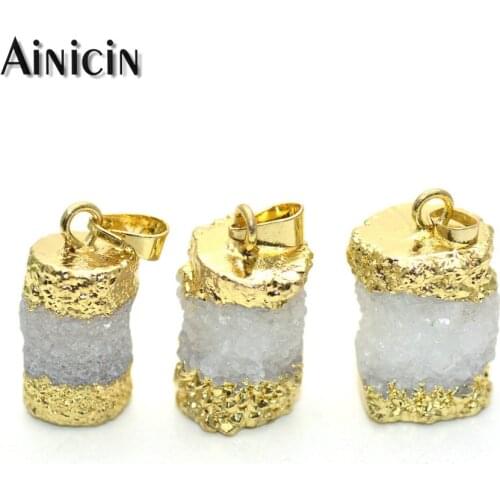 Natural Dursy Crystal Cylinder Shape Double Pointed Gold Plating Pendants Druzy Geode Fashion Unisex Pendent DIY Jewelry Making