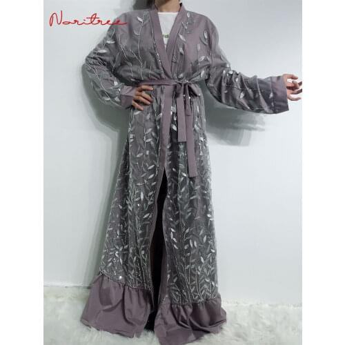 Wholesale plus size Dubai fashion muslim sequined beading abaya female full length cardigan open رداء abayas islamic robe wq2128