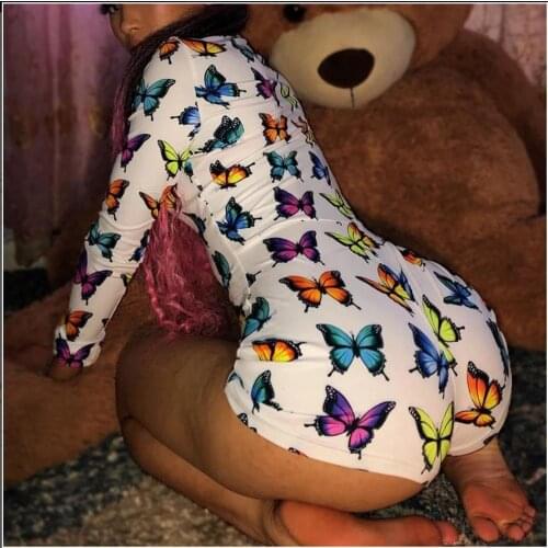 Women Nightwear Sexy Onesies For Adults 2021 Newest Autumn Winter Long Sleeve V-neck Butterfly Pattern Print Pajama Rompers