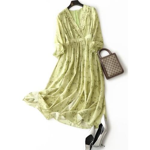 Luxury 100% heavy silk french elegant wood ears V-neck high-waist printing dress women 2021 new