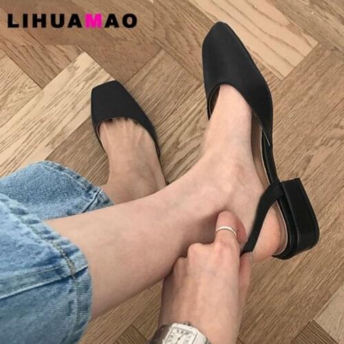 LIHUAMAO women sandals shoes slingback ladies block heels sandals ankle strap square toe slip on flats beach summer sandals
