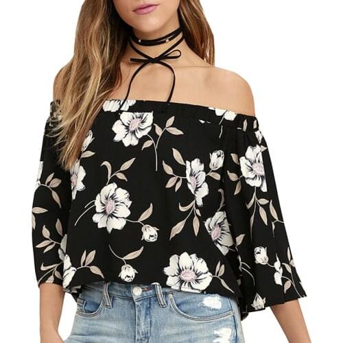 Chic Summer Discount Flower Print One-shoulder T-shirt Sleeve Chiffon Material T-shirt Elegant Beach Casual Lady Top Shipping