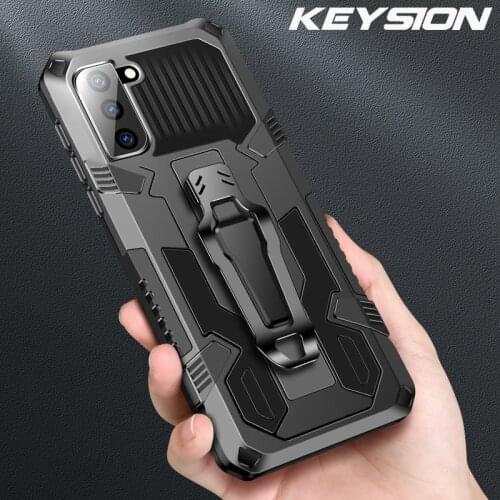 KEYSION Shockproof Armor Case for Samsung S21 FE S21 Ultra Stand Back clip Silicone Phone Back Cover for Galaxy S21 Fan Edition