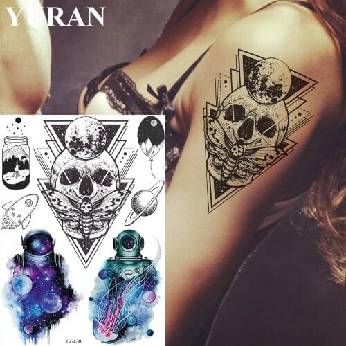 YURAN Triangle Skull Ghost Moth Temporary Tattoos Stickers Women Sexy Body Arm Tattoo Waterproof Planet Custom Fake Tatoos Paste