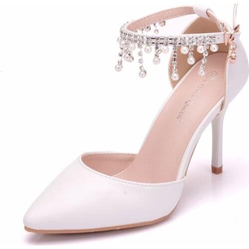 Women sandals wedding Party banquet PU Rhinestones Buckle Strap 9.5CM Thin High Heels Pointed Toe sandal women shoes size 35-42