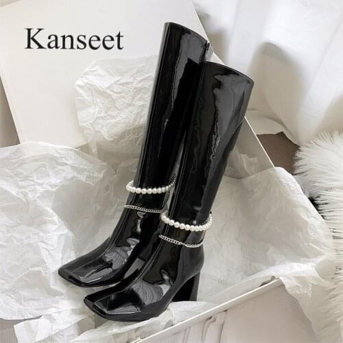 Kanseet Zipper Women Long Boots 2021 Autumn Winter New Pearls Chain Square Toe Women Knee-High Boots Big Size 40 High Heel Shoes
