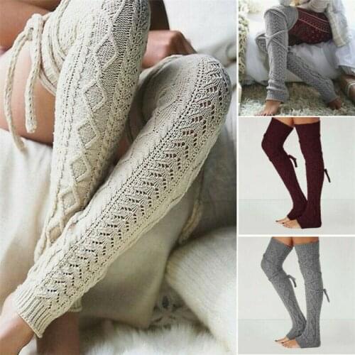 Women Girls Long Knit Boot Stockings Winter Warm Crochet High Knee Plain Stockings Female Leg Warmers Stockings