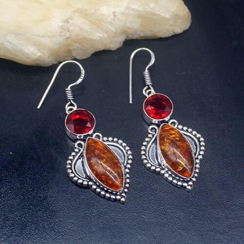 Gemstonefactory Big Promotion 925 Silver Baltic Amber Red Garnet Handmade Women Ladies Gifts Dangle Drop Earrings 20212441