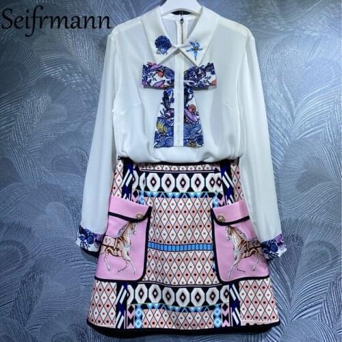 Seifrmann New 2021 Summer Women Fashion Designer Skirts Set Lantern Sleeve Bow Blouses + High Waist Pockets A-Line Skirts Suits