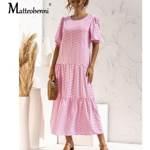 Women Summer Plaid Polka Dot Print Maxi Dress O Neck Short Puff Sleeve Ruffles Elegant Beach Party Dresses Vintage Dress Vestido