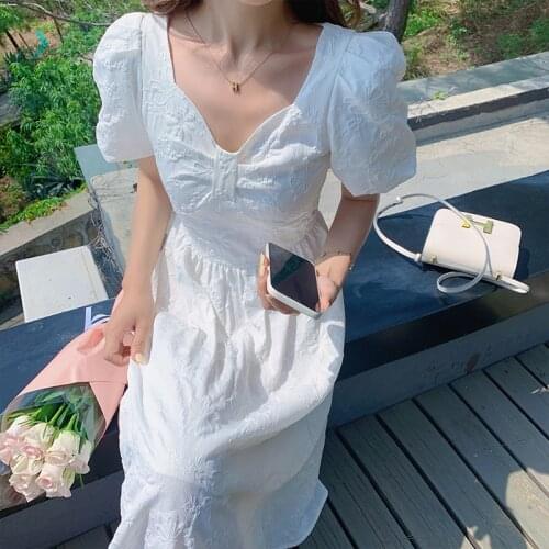 Summer Dress Women 2021 New French Retro Long Dress Puff Sleeve White Dress V Neck Print Solid Color Chiffon Midi Dress Female