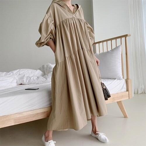 Aibeautyer New 2021 Women Oversize Hooded High Waist Korean Elegant Vintage Pleated White Long Dress Summer Autunm Dress