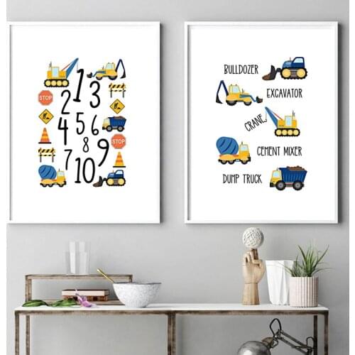 Cartoon backhoe truck Posters and Prints Nursery Wall Art Canvas Painting Pictures Kids Room Wall Deco