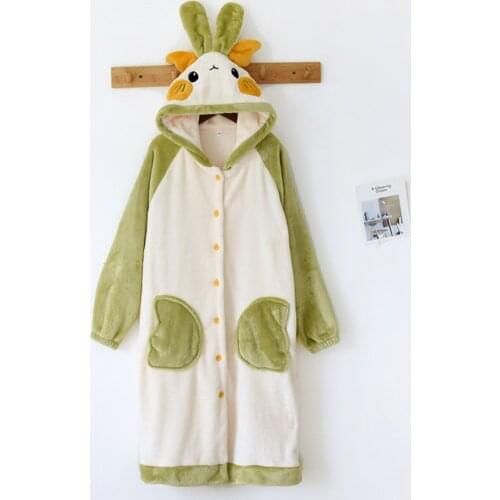 Winter Womens Pajamas Hooded Nightgown Cartoon Cute Pajama Robe Thick Warm Coral Fleece Sleepwear Girl Homewear Long Bathrobe