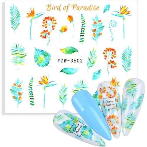 1 Sheet Water Nail Sticker Bird Flower Leaf Tree Green Simple Styles Slider for DIY Manicure Nail Art Watermark Tattoo Decal